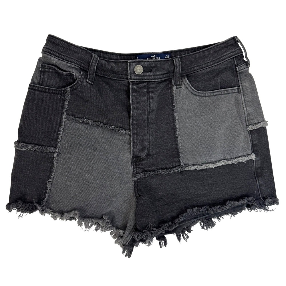 Hollister High Rise Patchwork Denim Shorts Black Grey Frayed Hem Womens Size 11